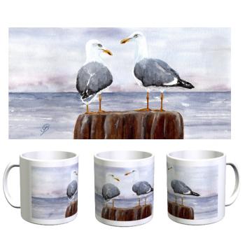 Tasse Becher Kaffeebecher Aquarell Maritim Kunst Druck Dänemark Nordsee Ostsee Düne Dünen Meer Möwe Möwen Strand